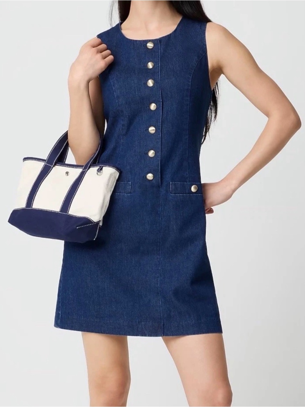 J.Crew Chambray Button Front Mini Shift Dress Dark Blue Sleeveless Size 6 NWOT
